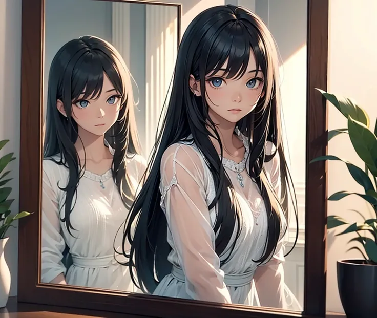 “A serene scene of a woman with long black hair and blue inner highlights lying gracefully in front of a large mirror. The setting is soft and dreamy, with delicate lighting reflecting her image in the mirror. She is wearing elegant attire, with a subtle e...