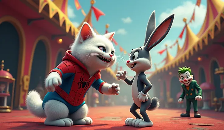 "A white little cat wearing a Spider-Man uniform, playfully interacting with a cartoonish rabbit resembling Bugs Bunny in a lively circus setting.A creepy joker stands in the shadows, ominously calling both the cat and the rabbit, adding an eerie twist to ...