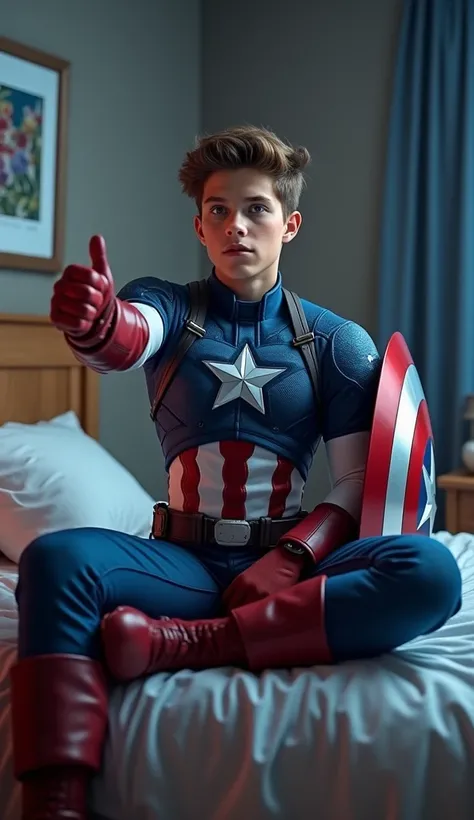 Style with realistic cartoon detail .  a teenage boy of about 20 years old wearing a Captain America costume,  is sitting on the bed . his right hand facing forward as if he were shaking hands .  The background is in a clean and comfortable bedroom . Night...