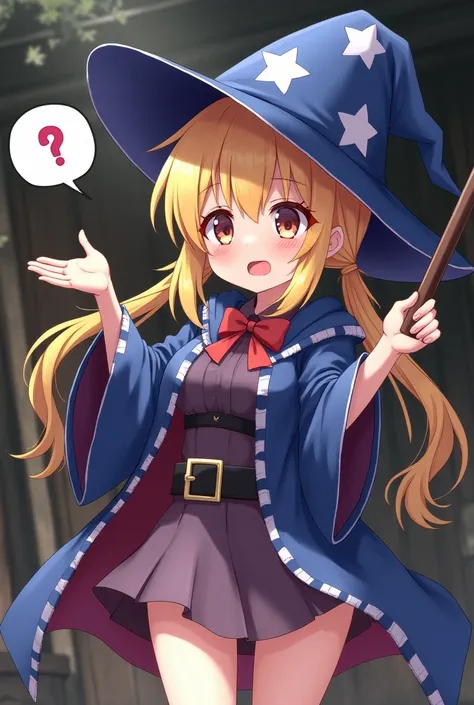 score_9, score_8_up, score_7_up,  Masterpiece,Best quality, Japanese Anime style, game cg, Young girl, blonde, pigtails hair, wizard costume, wizard hut,miniskirt, big breasts, waving a magic wand, puzzled expression, mouth open, cold sweat on her face, "!...