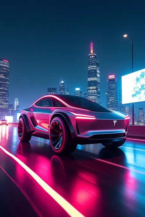 "A futuristic electric truck, the Tesla Cybertruck, driving on a neon-lit highway under a starry night sky. The trucks sharp angles and reflective stainless steel exoskeleton glow with the neon light. The background includes skyscrapers and holographic bil...