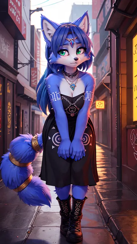 ((krystal)), Star Fox-Krystal, lovable, green eyes, ((( Long blue hair 1 .3))), Decollete, anthro, Fuzzy,  detailed Fluffys fell,  detailed face , (Fluffy),  1 girl, ,woman, Goth, green eyes, undercut, ultra-realistic 8k cg ,  masterpiece, (( ultra-detaile...