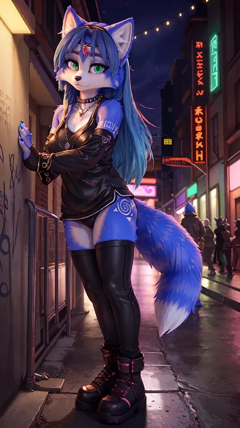 ((krystal)), Star Fox-Krystal, lovable, green eyes, ((( Long blue hair 1 .3))), Decollete, anthro, Fuzzy,  detailed Fluffys fell,  detailed face , (Fluffy),  1 girl, ,woman, Goth, green eyes, undercut, ultra-realistic 8k cg ,  masterpiece, (( ultra-detaile...