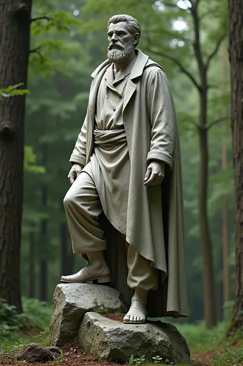  Realistic stoic statue of a man with a beard of about 35 years old and a French mustache carved from aged stone with his foot on top of a large atlas stone. This statue in the middle of the forest 