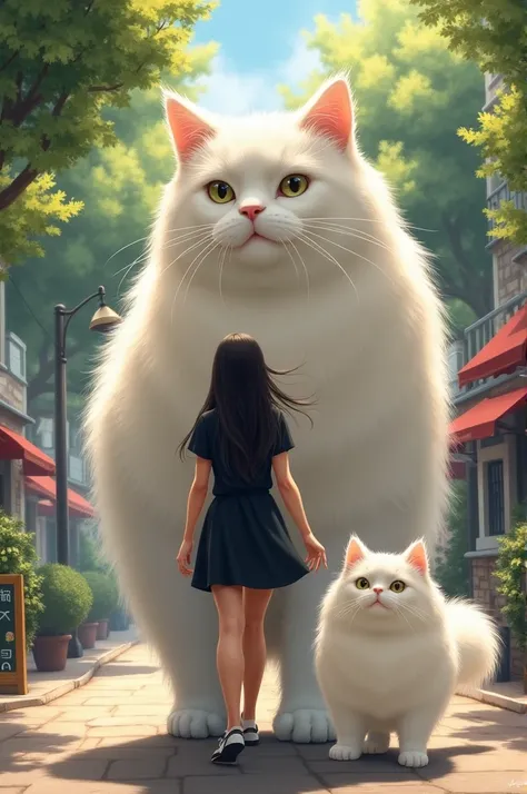 A woman in a black casual dress is walking with a very giant angora cat walking together