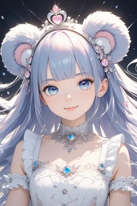 Cute Magical Girl , ( Double Bang , blunt bangs, Silver Straight Long Hair ), Beautiful faces with precise details, blue eyes, detailed beautiful eyes , Large percentage, White Gothic Bear Dress , Choker, simple and bright background , ( super detaile...