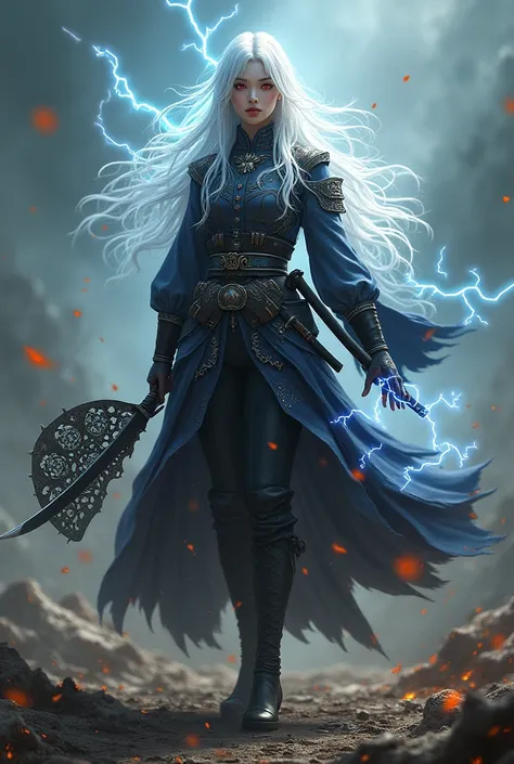 give me a picture of a white haired woman with red eyes with low hair and wearing a left handed generals shirt holding a fan with the power of lightning power in her right hand holding a red black katana sword decorated with a Tenguu pattern and a pair of ...