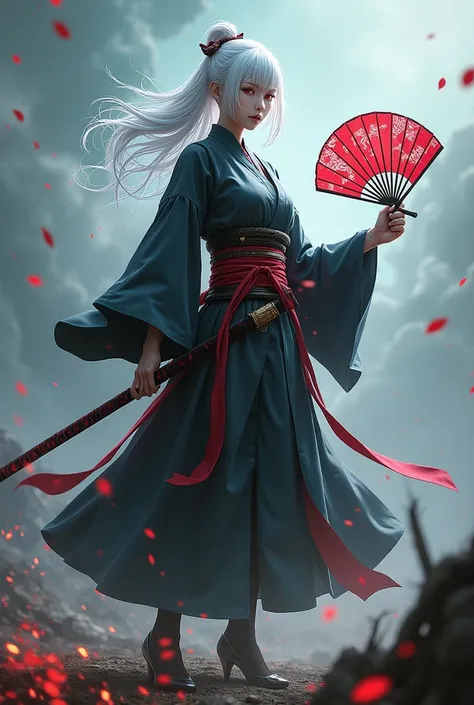 give me a picture of a white haired woman with red eyes with low hair and wearing a left handed generals shirt holding a fan with the power of lightning power in her right hand holding a red black katana sword decorated with a Tenguu pattern and a pair of ...