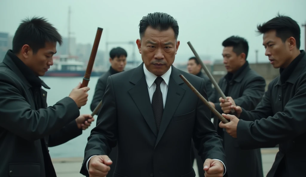 A Chinese gangster, holding knives and sticks, is surrounding a Chinese man, this man is wearing a black suit, short black hair, cool face, both hands are clenched in a martial arts pose, the man is in a defensive position against the gangsters, the scene ...