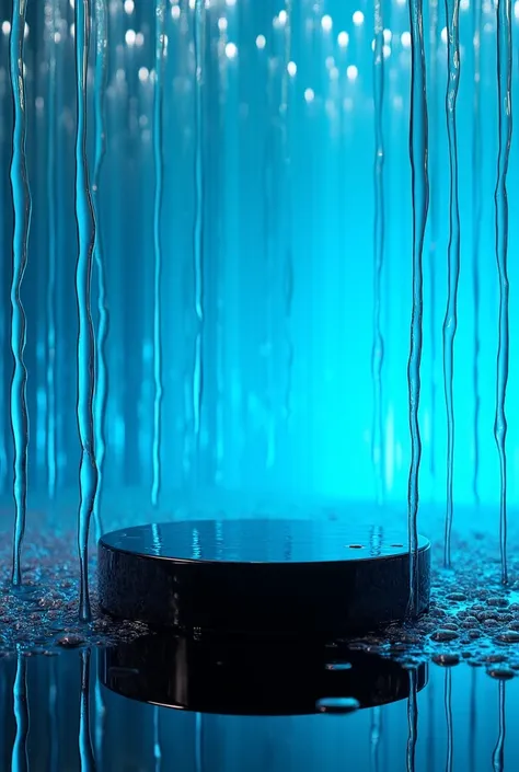 black platform, round, gel dripping from the platform, front view, a lot of transparent gel, neon blue background, black background