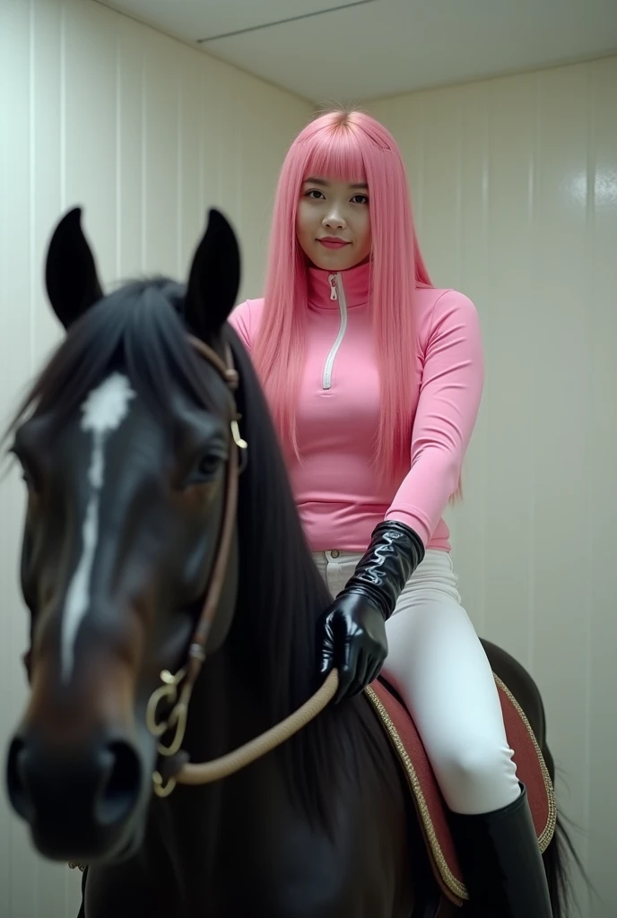 A Japanese woman in her 20s with pink hair、 wearing pink long-sleeved gym clothes and long, white gym pants、Im wearing knee-length shiny black rubber boots、Wearing black rubber gloves and holding a whip in the toilet。Riding on a black horse and looking ahe...