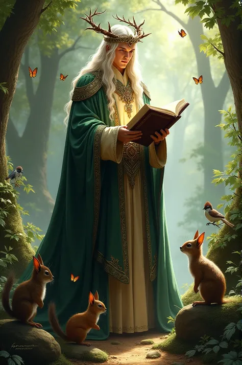 Thranduil the elven king leaning against a tree reading a book in the company of small animals and birds...
