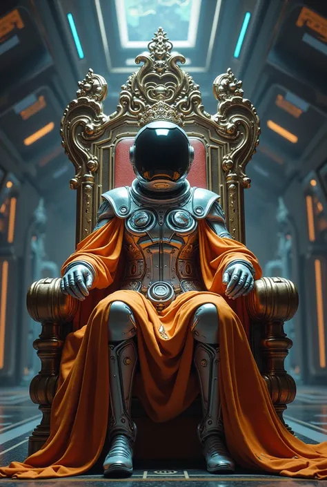 Astronaut King wearing crown and robe sitting on the throne of his kingdom