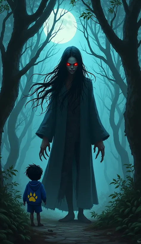 Show horror witch. She has glowing red eyes, long tangled black hair, sharp claw-like hands, and tattered black robes that flutter unnaturally. Around her, the jungle darkens, and a chilling wind rustles the leaves." Dense, twisted trees, faint moonlight, ...