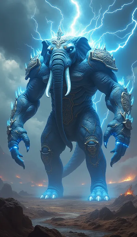 create 32k ultra-realistic image of a dangerous fighting hybrid fusion: A massive, muscular alien form with a terrifying and otherworldly presence. This hybrid combines the colossal strength of an elephant, the mystical essence of a howling lightning drago...