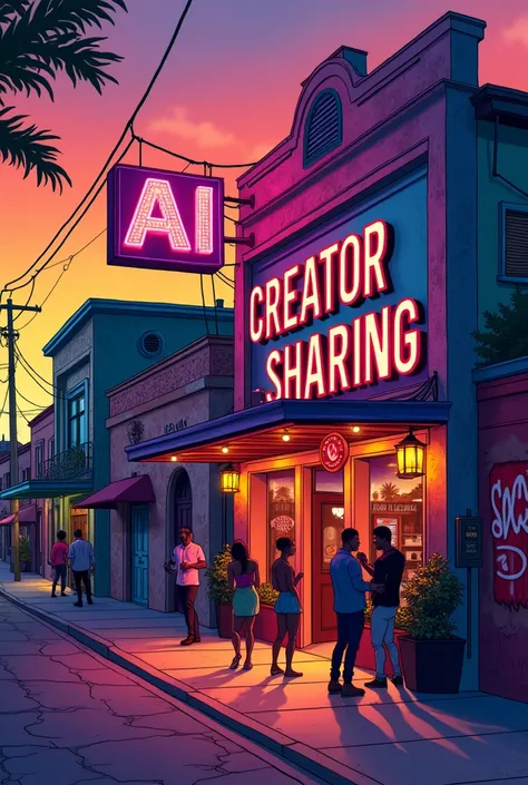 A vibrant and lively illustration of "AI Creator Sharing" in the heart of New Orleans, set against a warm sunset backdrop with hues of orange, pink, and purple, evoking a sense of energetic nightlife. The clubs sign, in bold, neon-lit letters, takes center...