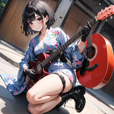 1 high school girl、(black eyes:1.5),(evil smile:1.5)、(blush:1.5),((black short hair :1.5))、(very long sidelocks:1.5),(holding one guitar with both hands:1.5)、(point the gun at view:1.5),( small breasts:1.5)、(floral mini yukata :1.5), (black military gloves...