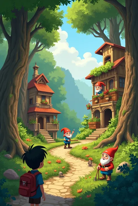 pixar style cute whimsical drawing of a gnome village nestled among towering trees, with quaint treehouses, cobblestone paths, and a babbling stream winding through the forest. The gnomes are busy tending their gardens, crafting tools, and enjoying the pea...