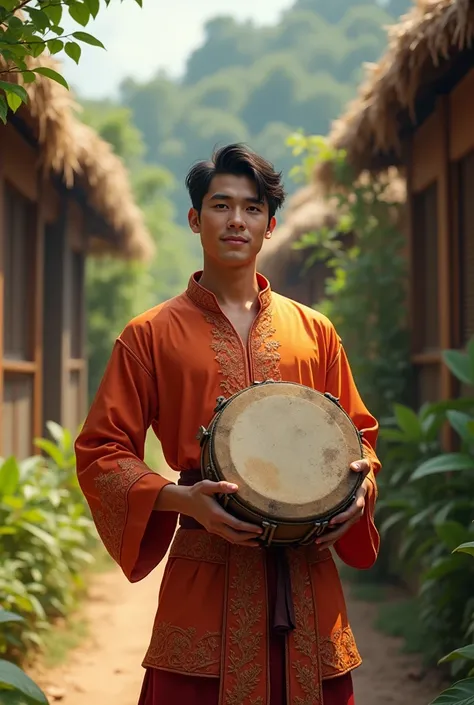 Handsome  Flynn Rider hold malay drum using baju melayu at village