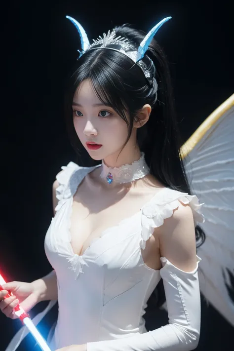 (masterpiece), ( top quality ), ( more), light layer,  Glowing Skin , (intricate  more ,  tight clothes, , Devil Wings,headdress :1.2), From above,  black hair, Black Choker ,  long hair, Hime cut,  multicolor wig  , bang, Side hair,  red eyes, Holding a S...