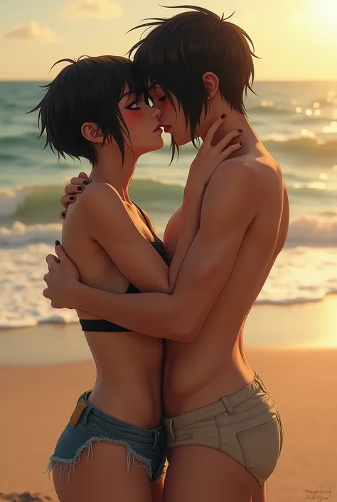 A dark-haired, wolf-cut girl is bashfully having creampied sex on a sandy beach