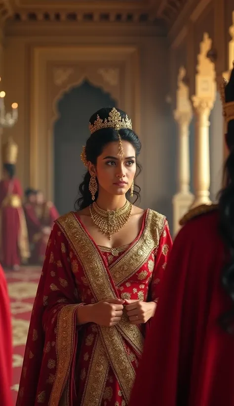 **Prompt:**  
Create an image of a 20-year-old queen in a luxurious Rajmahal, angrily conversing with her generals (no other characters visible). The scene should have vibrant, cinematic colors, natural tones, and lifelike realism, similar to high-end Holl...