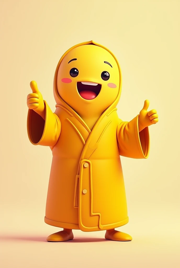 A cheerful representation of GM42 welcoming smile, pointing forward and giving a thumbs up, dressed in a simple, radiant yellow robe adorned. The figure has a warm, friendly demeanor, set against a simple, uncluttered background that emphasizes his approac...