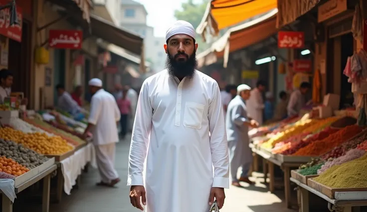 A Pakistani Muslim man with a medium-length beard, wearing a crisp white shalwar kameez and a traditional white Muslim cap, standing in a bustling street bazaar. The scene is vibrant, with colorful stalls selling fruits, vegetables, spices, and traditional...