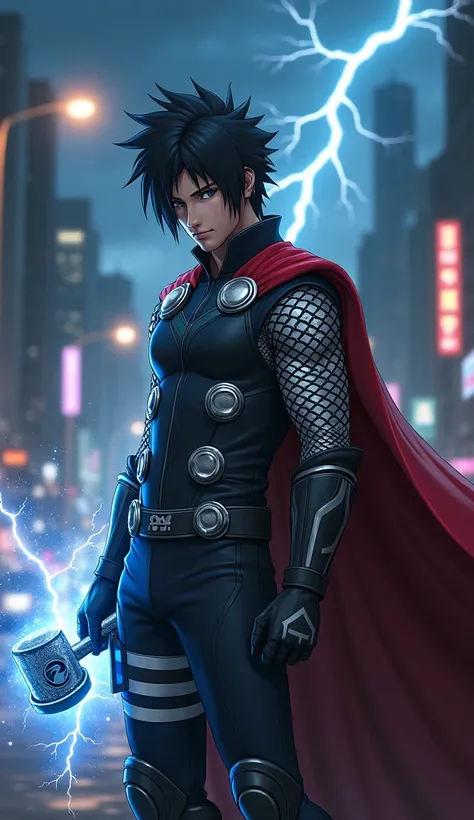 Picture a realistic fusion character combining Sasuke Uchiha from the anime Naruto and Thor from The Avengers. The character has Sasuke’s signature sharp black hair, piercing Sharingan eyes, and calm yet intense demeanor, combined with Thor’s muscular buil...