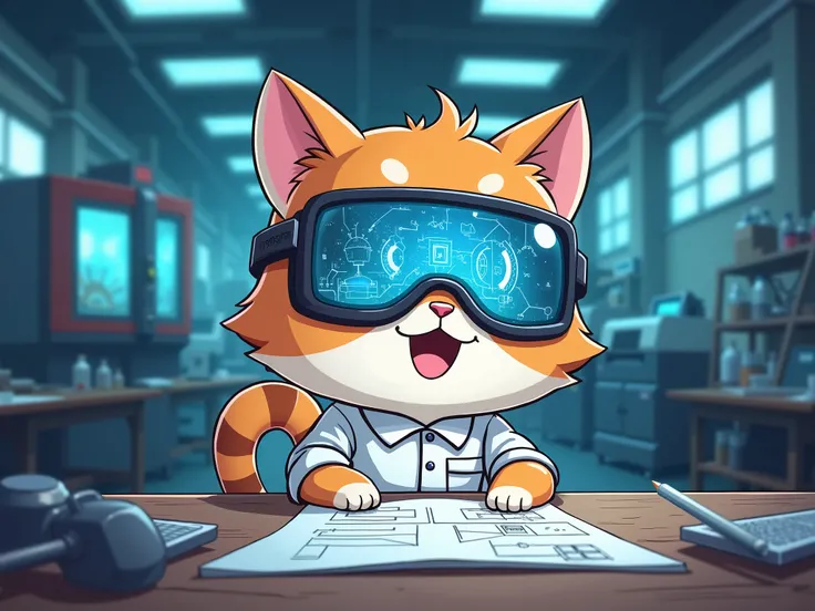   positive chibi fluffy happy cat kawaii positive chibi fluffy happy cat mechanical engineer wearing augmented reality glasses, In front of the glasses is a futuristic glowing electronic circuit diagram of the equipment, engineer holds a paper drawing of t...