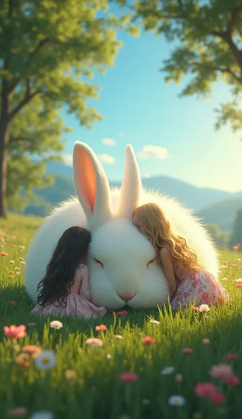 Create a cinematic scene featuring a giant, fluffy rabbit peacefully sleeping on lush green grass under a clear blue sky. On either side of the rabbit, two enchanting figures, one with flowing golden hair and a pastel-colored dress, the other with dark, ca...