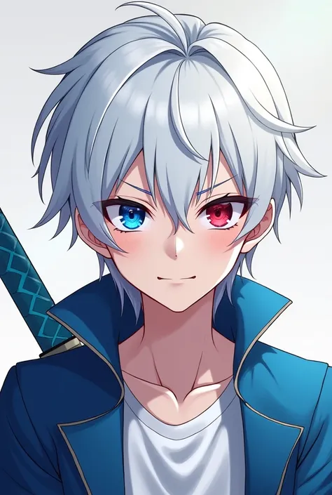  white haired handsome 18 year old modern style short hair blue jacket with white shirt man，Smirk，Left eye blue，Right eye red，Light blue katana ，Anime style，Blue light that emphasizes the left eye 