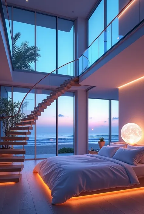 I want a bed room which is big, and some lights must be there to emphasise. There must be a big bed with white sheets. There must be a glass moon lamp. There must be glass big windows all around the room with a beach view environment. Must be very aestheti...