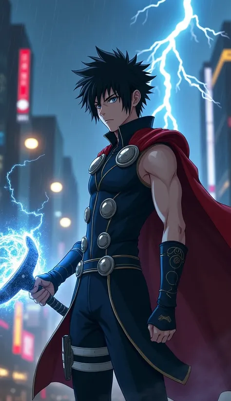 Picture a realistic fusion character combining Sasuke Uchiha from the anime Naruto and Thor from The Avengers. The character has Sasuke’s signature sharp black hair, piercing Sharingan eyes, and calm yet intense demeanor, combined with Thor’s muscular buil...