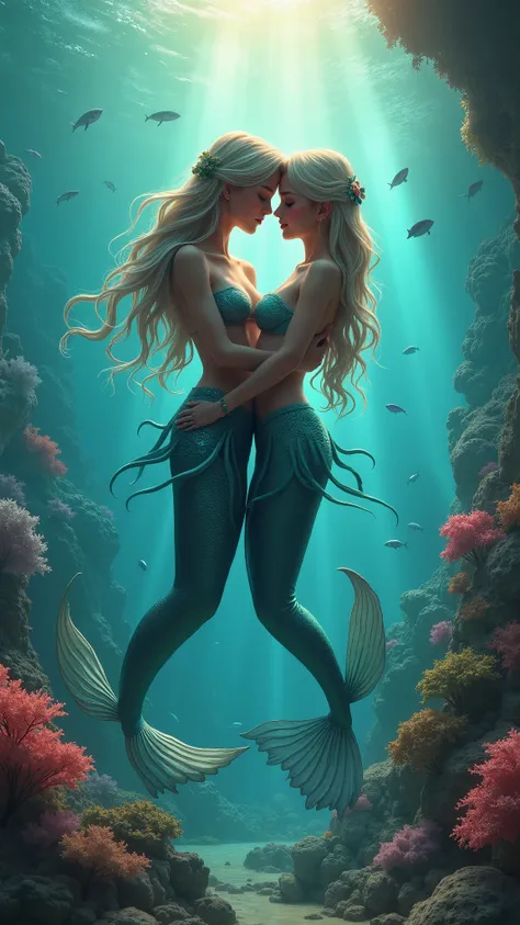  mermaids of a couple hugging each other in the ocean pointed to by light。There are fish and corals too 。