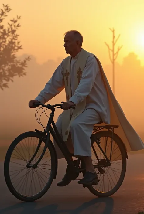 Priest at dawn and stole on a bike side view