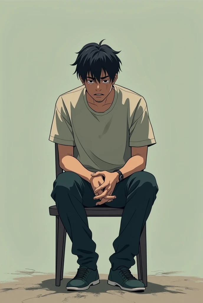 A man who is look sad to the point of crying and contemplating sitting on a chair but with an anime art style