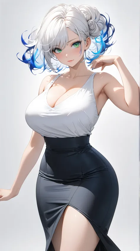 Full body display, face details,semi realistic, Masterpiece, Master work, perfect , 4k, 1woman, adult woman, milf body, big size breast, single chignon hair style, flat Bangs hair style, white colored hair, (((blue streaks - white hair))), bright green eye...