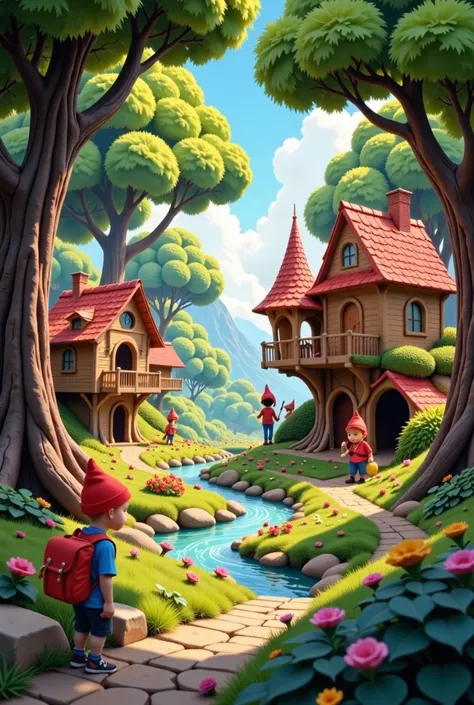 pixar style cute whimsical drawing of a gnome village nestled among towering trees, with quaint treehouses, cobblestone paths, and a babbling stream winding through the forest. The gnomes are busy tending their gardens, crafting tools, and enjoying the pea...