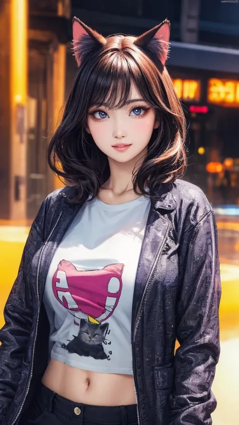 (best quality, masterpiece:1.2), perfect body, wide hips, Medium breasts, Cat ear, printed blouse, jacket, pants, big city, random composition, vibrant, 8k, uhd, hdr, pbr