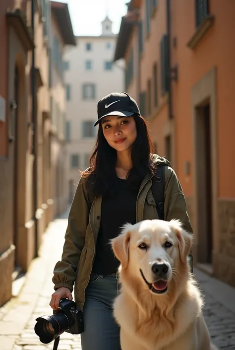 masterpiece, ultra-realistic photo, 
(high detailed photorealistic image:1.3), 
beautiful Asian woman in her 30s, slim face, slim body,
semi-long black hair, 
black Nike cap worn casually, 
holding professional camera, 
standing beside:
- elderly Golden Re...