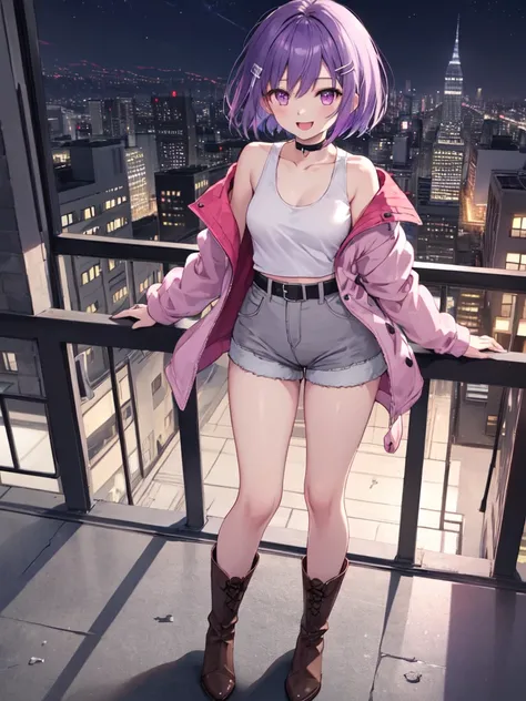  1 girl, solo, Purple Hair,  bob hair, Beautiful breasts, medium chest , white tank top,Grey shorts, black choker ,Black belt,Pink jacket, hair clip, brown boots ,Slanted Eyes, Light purple eyes, open their mouths slightly,smile,happiness/joy,  Standing ,L...