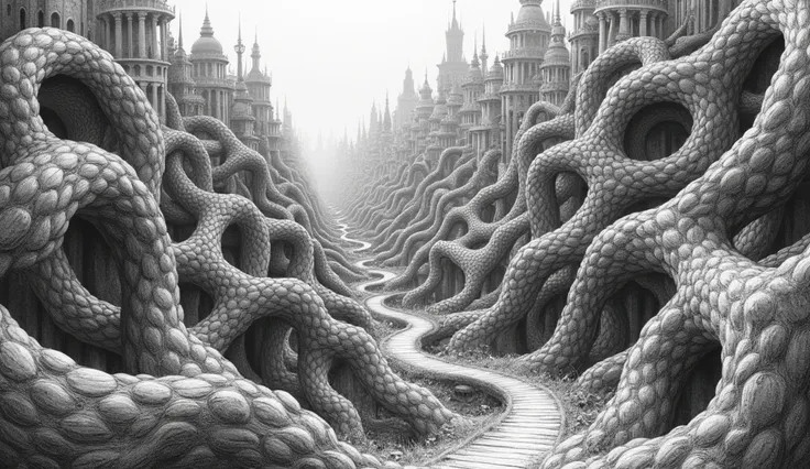 Vast, intricate landscape of organic, interwoven structures.  Detailed, meticulous black and white drawing, showcasing a dense, labyrinthine network.  Complex, surreal architecture composed of contorted, flowing forms resembling twisted organic matter.   P...