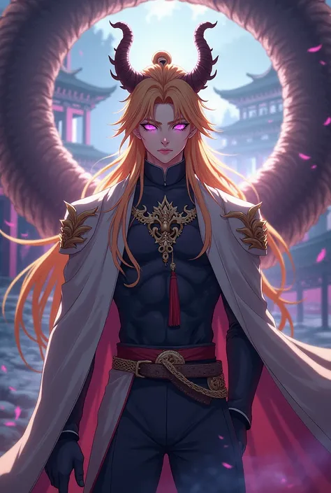 The anime character is a 29-year-old young man with a height of 193 cm. His hair is long dark yellow and his eyes are purple. He is a cold and strong character wearing Chinese clothes. The King of Dragons 
