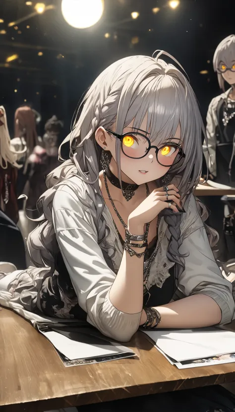 Glasses、Glasses、glowing eyes、long hair, gray hair, masterpiece, top quality, very beautiful, Absurd, with bangs, glasses, yellow eyes,Yellow Eyes, Glasses、((masterpiece)), (( 最 High Quality )),  (Anime:1.3),( super detailed:1.2), (  high definition  :1.3),...