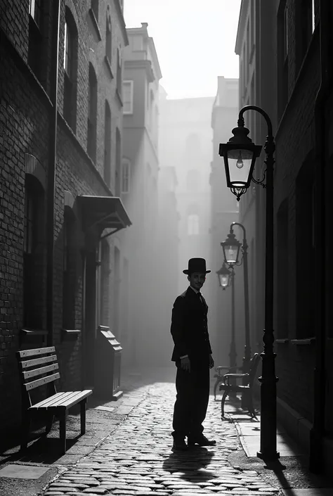 A black and white theatrical background ,  set in an urban street of the 1920s ,  inspired by the style of Charlie Chaplin .  The scene shows brick buildings with small windows ,  classic wrought-iron streetlamps ,  a park bench and a cobbled floor .  The ...