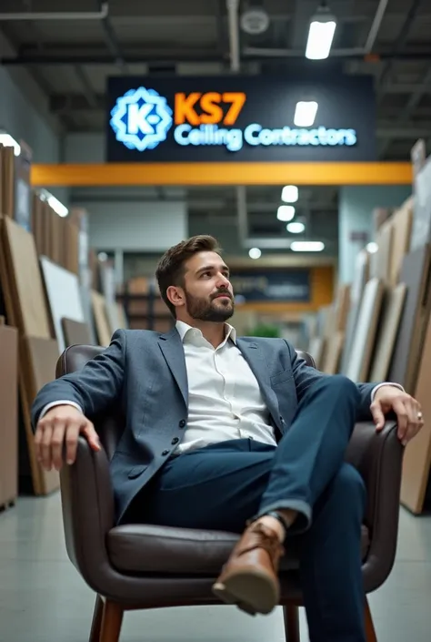 A young man  sitting on chair in back of big company of name  KS7 ceiling contractors   showroom and warehouse