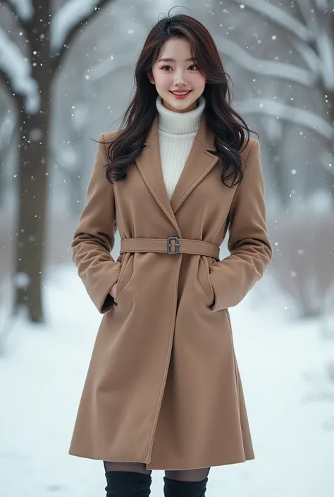 A korean woman in a coat and skirt posing for a picture, portrait, smiling, heavy winter aesthetics, modern fashion outfit, high boots, full body:: snow outside::