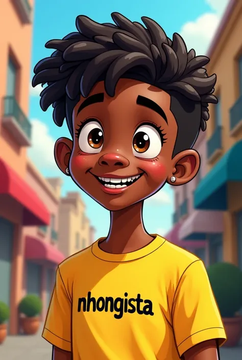  Create a cartoon character , Black about 22 years old like a yellow t-shirt written NHONGISTA 