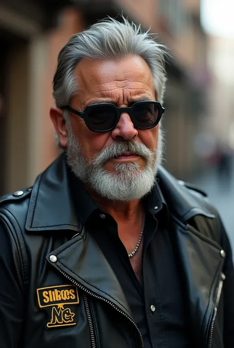 I want a very handsome, very real man of mature age with gray hair and sunglasses dressed as a biker with black clothes and a black leather vest with a word on the upper left front of the vest that says SOUL BIKER MG in yellow letters and who has movement ...